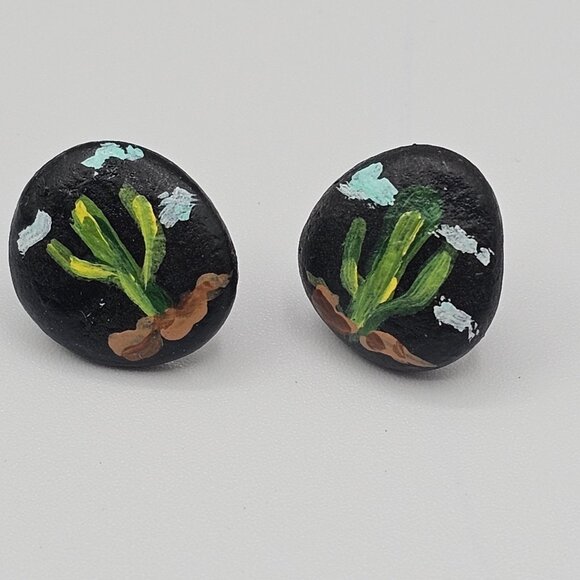 Artisan Folk Art Handpainted Stone Rock Earring Brooch Set Jewelry Black Cactus - Picture 2 of 16